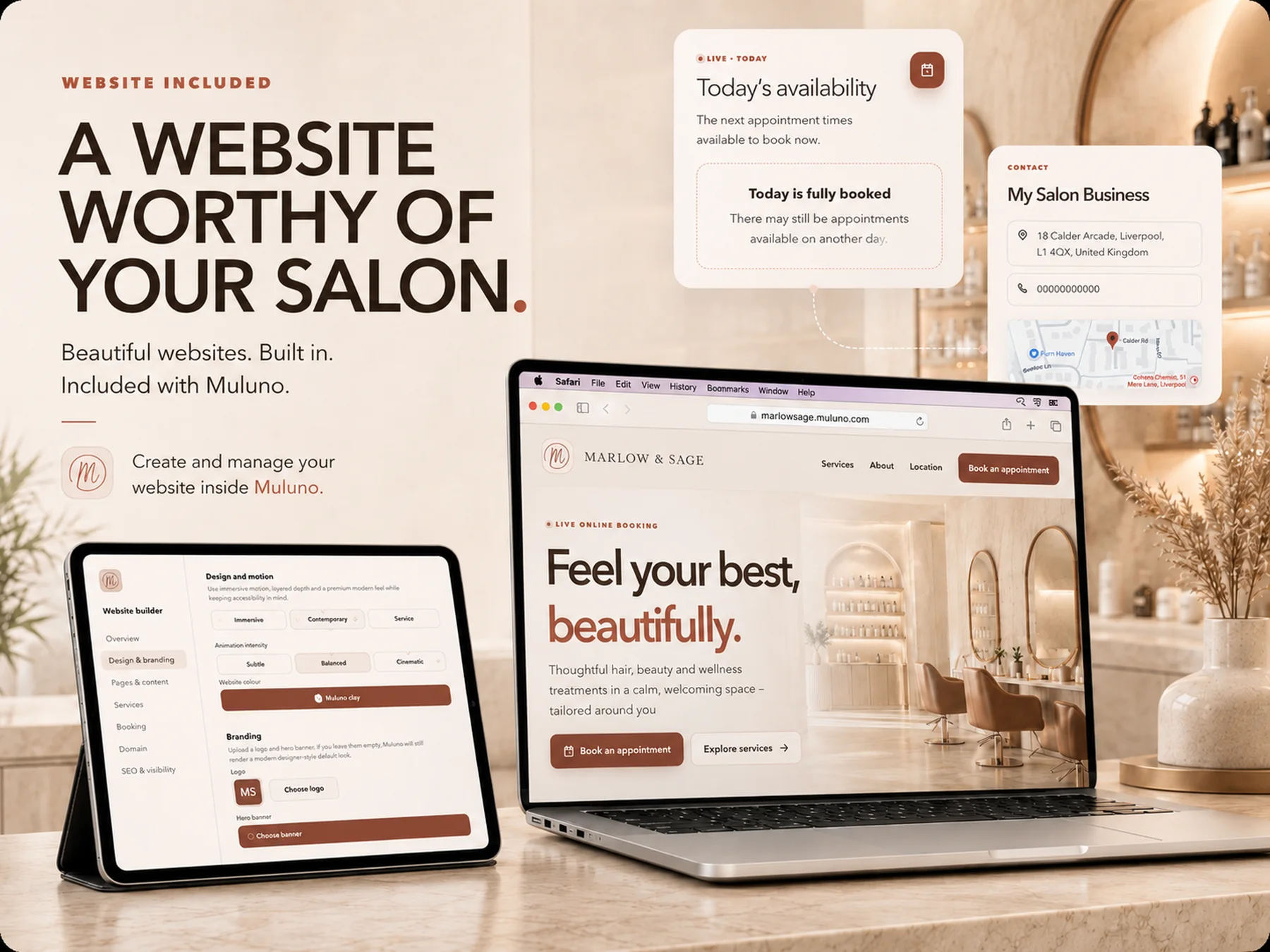 A Muluno salon booking website displayed on a laptop beside the website builder on iPad