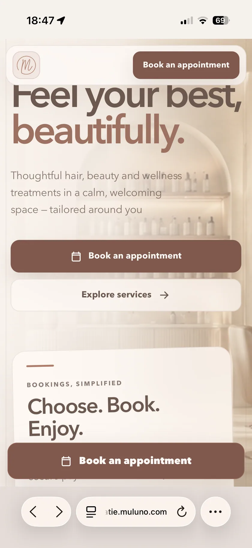 A Muluno salon website and online booking page on iPhone