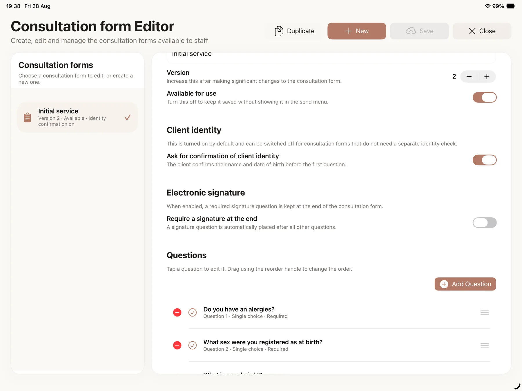 Consultation form editor in Muluno on iPad