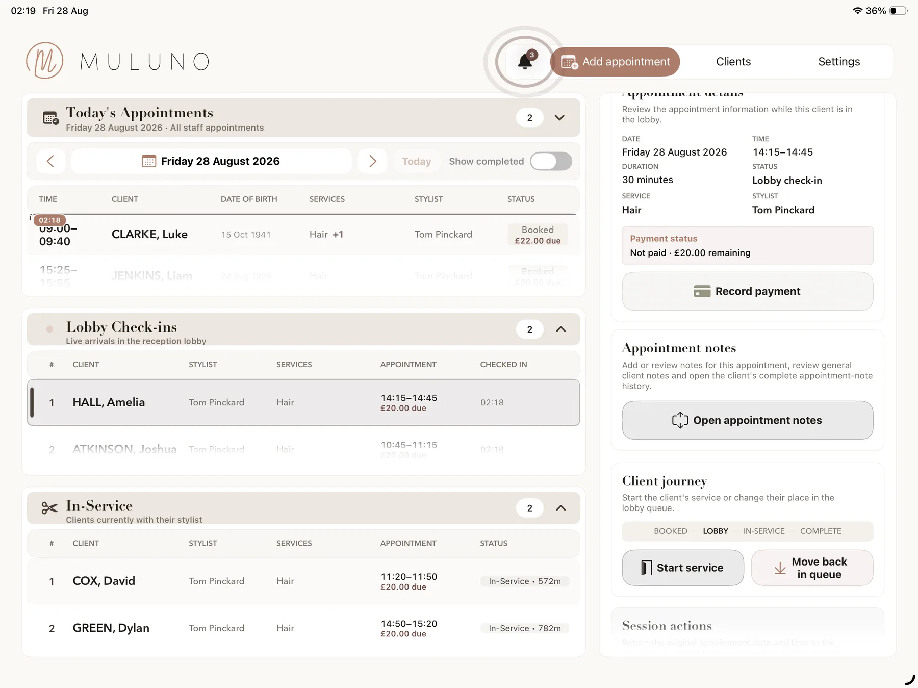 Muluno live salon workspace showing appointments, client arrivals and services in progress