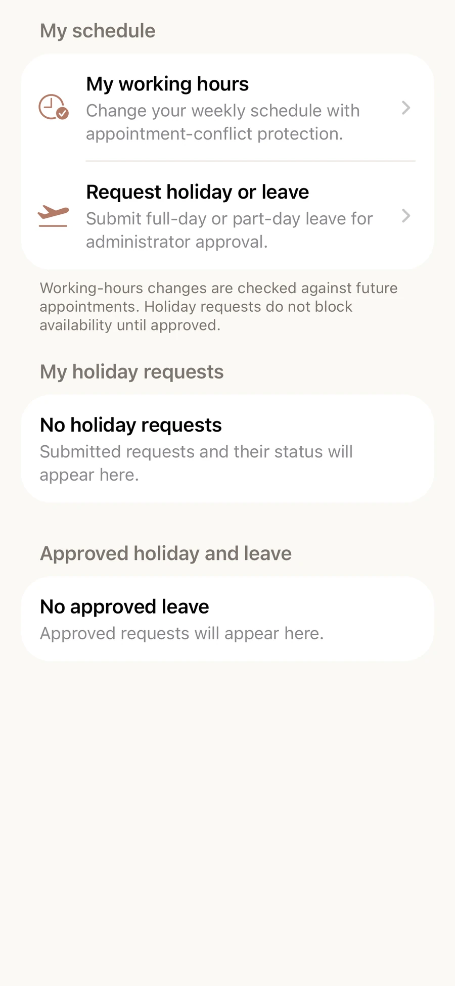Muluno staff schedule screen with working hours and holiday requests